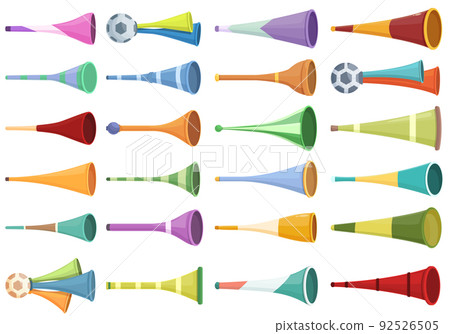 Vuvuzela icons set cartoon vector. South Africa. Soccer horn Vuvuzela icons set cartoon vector. South Africa. Soccer horn 92526505