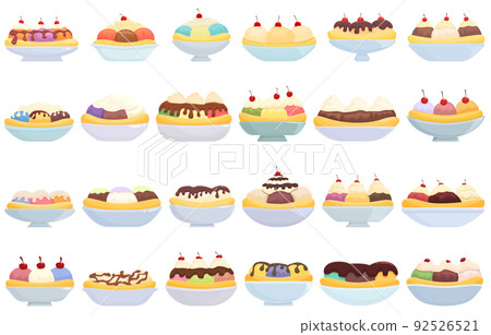Banana split icons set cartoon vector. Calories cream. Dessert cafe 92526521