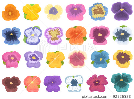 Pansy flower icons set cartoon vector. Floral blooms. Garden viola Pansy flower icons set cartoon vector. Floral blooms. Garden viola 92526528