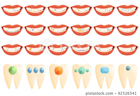 Tooth gems icons set cartoon vector. Dental care. Gem medicine 92526541