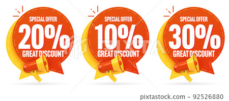 Sale sticker set. Great discount 20, 10, 30 percent off. Special offer promotion. Sale label speech bubble design with megaphone loudspeaker vector illustration isolated on white background Sale sticker set. Great discount 20, 10, 30 percent off. Special offer promotion. Sale label speech bubble design with megaphone loudspeaker vector illustration isolated on white background 92526880
