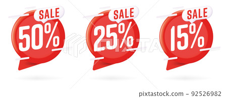 Sale 50, 25 and 15 percent off promotion. Red tag label with speech bubble design vector illustration. Special discount with different value price label for retail market 92526982