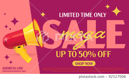 Sale banner. Sale label. Mega discount up to 50 percent off promotion. Limited time mega sale announcement. Coupon or voucher template with web site address vector illustration Sale banner. Sale label. Mega discount up to 50 percent off promotion. Limited time mega sale announcement. Coupon or voucher template with web site address vector illustration 92527006