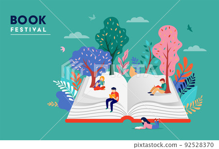 Book festival concept of a small people, kids reading an open huge book. Back to school, library 92528370