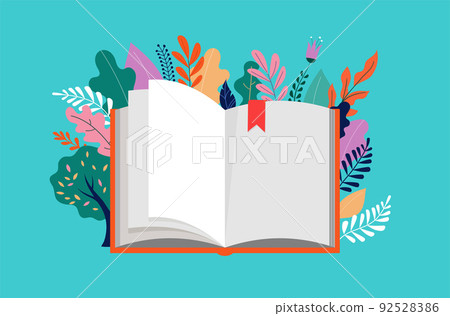 Book festival concept. Huge open book surrounding the many flowers, leaves, plants. Back to school Book festival concept. Huge open book surrounding the many flowers, leaves, plants. Back to school 92528386