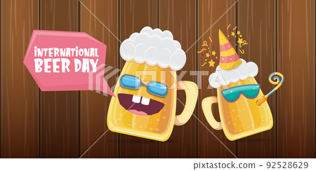 Happy international beer day horizontal banner with cartoon funny beer glass friends characters with sunglasses isolated on wooden wall background. International beer day cartoon comic poster, label Happy international beer day horizontal banner with cartoon funny beer glass friends characters with sunglasses isolated on wooden wall background. International beer day cartoon comic poster, label 92528629