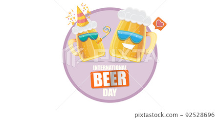 Happy international beer day horizonatal banner with cartoon funny beer glass friends characters with sunglasses isolated on white background. International beer day cartoon comic poster 92528696