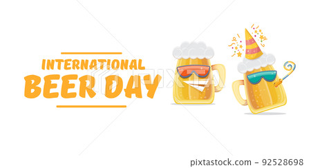 Happy international beer day horizonatal banner with cartoon funny beer glass friends characters with sunglasses isolated on white background. International beer day cartoon comic poster 92528698