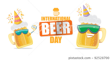 Happy international beer day horizonatal banner with cartoon funny beer glass friends characters with sunglasses isolated on white background. International beer day cartoon comic poster 92528700