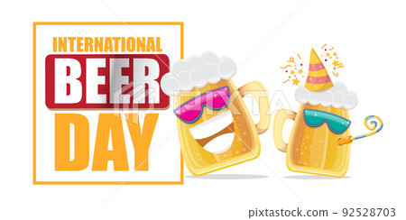 Happy international beer day horizonatal banner with cartoon funny beer glass friends characters with sunglasses isolated on white background. International beer day cartoon comic poster Happy international beer day horizonatal banner with cartoon funny beer glass friends characters with sunglasses isolated on white background. International beer day cartoon comic poster 92528703