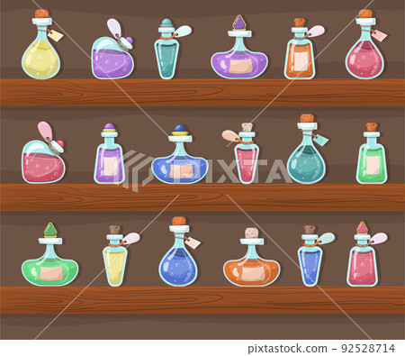 A set of vector magic bottles and flasks. Colorful magic potions. Cartoon cliparts, symbols A set of vector magic bottles and flasks. Colorful magic potions. Cartoon cliparts, symbols 92528714