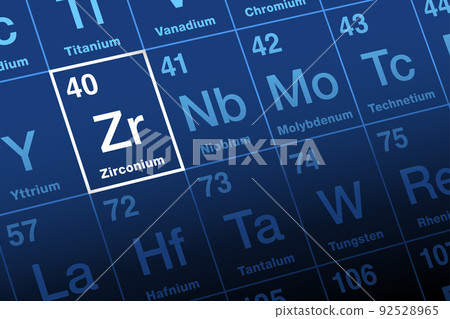 Zirconium on periodic table. Transition metal and element, with symbol Zr from the mineral zircon, related to Persian zargun for gold-like, and with atomic number 40. Used as refractory and opacifier. 92528965