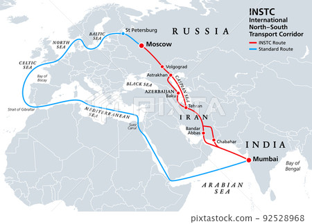 INSTC, International North South Transport Corridor, political map. Network for moving freight, with Moscow as north end and Mumbai as south end, replacing the standard route across Mediterranean Sea. 92528968