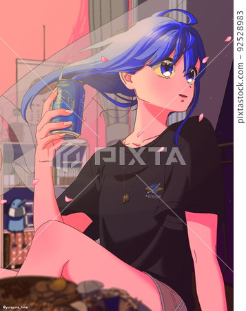 A girl drinking alcohol in a room where cherry blossoms blow A girl drinking alcohol in a room where cherry blossoms blow 92528983