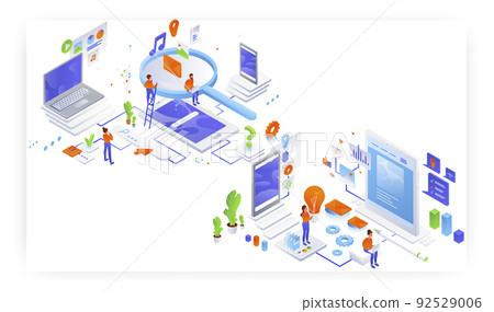 Information searching and website page content creation, flat vector isometric illustration. Information searching and website page content creation, flat vector isometric illustration. 92529006