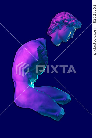 Collage with David face and sculpture of male nude torso in color neon light. Ancient statue in modern creative concept image. Contemporary art poster. Funky punk template for art, dj, fashion, zine. Collage with David face and sculpture of male nude torso in color neon light. Ancient statue in modern creative concept image. Contemporary art poster. Funky punk template for art, dj, fashion, zine. 92529252