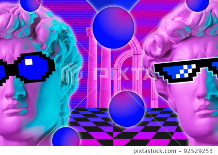 Collage with man face of antique sculpture in pixel glasses. Vaporwave style. Modern creative image with head ancient statue. Funky punk template for art, dj, fashion, zine. Contemporary art poster. 92529253