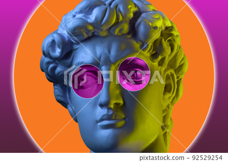 Collage with man face of antique sculpture in vaporwave style. Modern creative concept image with head ancient statue David. Funky punk template for art, dj, fashion, zine. Contemporary art poster. 92529254