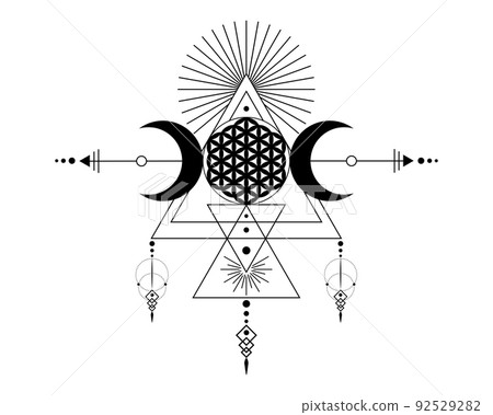 Triple Goddess and Flower of Life, Sacred Geometry, tribal triangles, moon phases in Shaman boho style. Tattoo, astrology, alchemy, and magic symbols. Vector isolated on white background Triple Goddess and Flower of Life, Sacred Geometry, tribal triangles, moon phases in Shaman boho style. Tattoo, astrology, alchemy, and magic symbols. Vector isolated on white background 92529282
