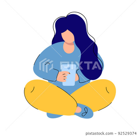 Cute vector flat simple young beautiful woman using mobile phone sitting with crossed legs isolated illustration Cute vector flat simple young beautiful woman using mobile phone sitting with crossed legs isolated illustration 92529374