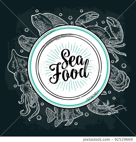 Square poster sea food. Vector vintage engraving illustration on dark background Square poster sea food. Vector vintage engraving illustration on dark background 92529669