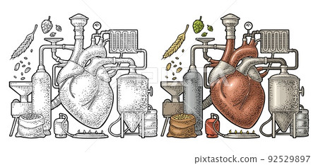 Brewery process on factory beer with tanks, burner, heart engraving Brewery process on factory beer with tanks, burner, heart engraving 92529897