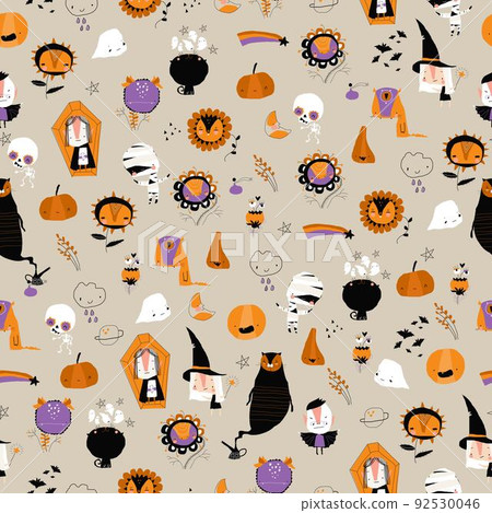 Seamless Pattern with Different Halloween Elements And Characters 92530046