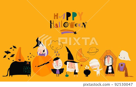Cartoon Crazy Monsters meeting Halloween on Yellow Background Cartoon Crazy Monsters meeting Halloween on Yellow Background 92530047