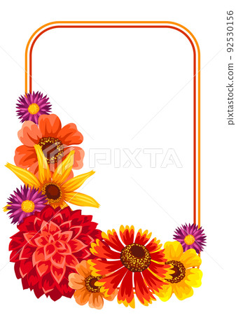 Decorative frame with autumn flowers. Beautiful decorative bouquet of blooming plants. Decorative frame with autumn flowers. Beautiful decorative bouquet of blooming plants. 92530156