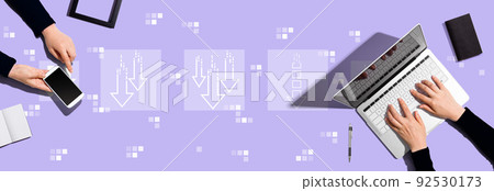 Descending arrows with people working together Descending arrows with people working together 92530173