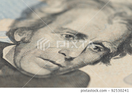 Andrew Jackson portrait macro usa twenty dollar banknote or bill. 92530241