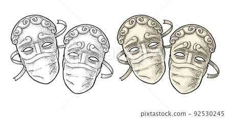 Comedy and tragedy theater disguises with medical masks. Vector engraving Comedy and tragedy theater disguises with medical masks. Vector engraving 92530245