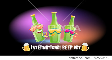 Happy international beer day horizonatal banner with cartoon funny beer bottles friends characters with sunglasses isolated on black background. International beer day cartoon comic poster 92530539