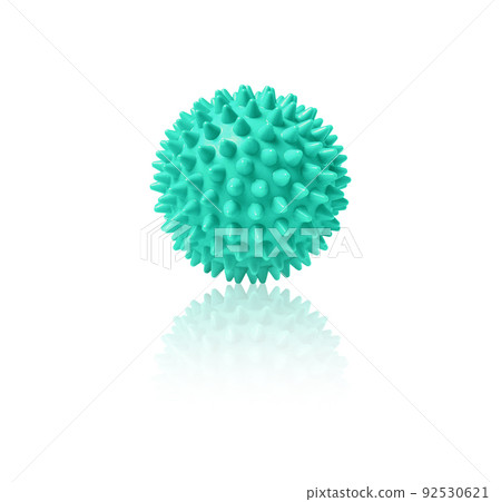 Blue plastic spiny massage ball isolated on white. Concept of physiotherapy or fitness. Closeup of a colorful rubber ball for dog teeth on a white color background. Corona virus model. Blue plastic spiny massage ball isolated on white. Concept of physiotherapy or fitness. Closeup of a colorful rubber ball for dog teeth on a white color background. Corona virus model. 92530621