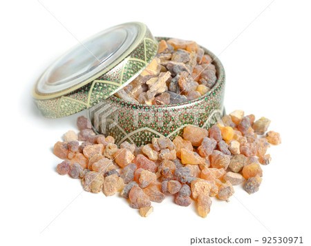 Frankincense, also known as olibanum, is an aromatic resin. Isolated on white background Frankincense, also known as olibanum, is an aromatic resin. Isolated on white background 92530971