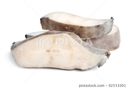 Frozen stake wolffish or wolfeel, also known as sea wolves. Isolated on white background Frozen stake wolffish or wolfeel, also known as sea wolves. Isolated on white background 92531001