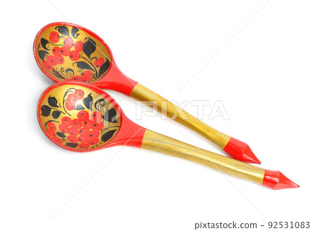Khokhloma Wooden spoons. Isolated on white background Khokhloma Wooden spoons. Isolated on white background 92531083