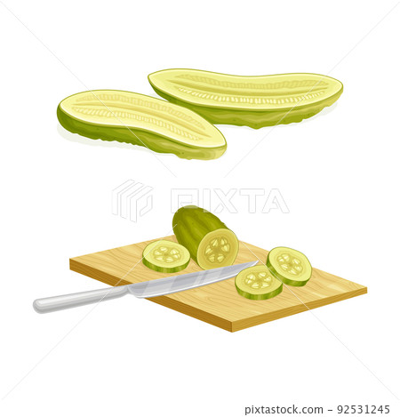 Sliced Pickled Cucumber or Gherkin with Salted Taste on Cutting Board with Knife Vector Set Sliced Pickled Cucumber or Gherkin with Salted Taste on Cutting Board with Knife Vector Set 92531245
