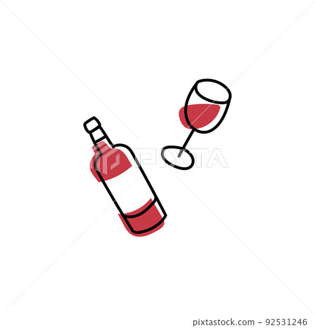 Simple minimalist red wine icon, offset color with black hand drawn doodle outline. Isolated on white background. 92531246