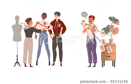 Man Fashion Designer or Tailor with Measuring Tape with Model and Holding Rolled Paper Sketch Vector Set Man Fashion Designer or Tailor with Measuring Tape with Model and Holding Rolled Paper Sketch Vector Set 92531256