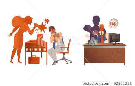Angry Chief Yelling at Office Employee Sitting at Desk and Showing Thumb Down Gesture Vector Set Angry Chief Yelling at Office Employee Sitting at Desk and Showing Thumb Down Gesture Vector Set 92531258