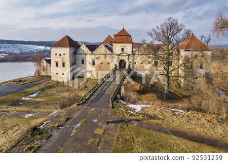Aerial view over Svirzh Castle in Lviv region, Ukraine. Aerial view over Svirzh Castle in Lviv region, Ukraine. 92531259