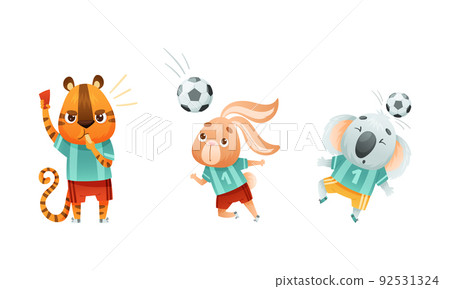 Wild Animal Character Playing Football Wearing Uniform Passing Ball Vector Set 92531324
