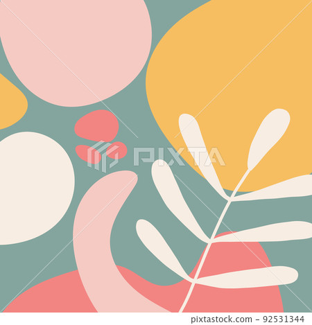 Flat hand drawn contemporary abstract and floral elements in pastel green background. Abstraction doodles and organic shapes. For social media posts, mobile apps, banners design and web internet ads 92531344