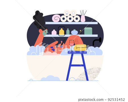 Easy shopping - Online shopping and electronic commerce series - modern flat vector concept illustration of a woman taking a bath. Promotion, discounts, sale and online orders concept Easy shopping - Online shopping and electronic commerce series - modern flat vector concept illustration of a woman taking a bath. Promotion, discounts, sale and online orders concept 92531452