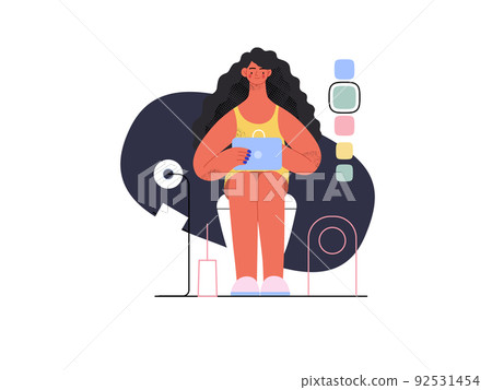 Easy shopping - Online shopping and electronic commerce series - modern flat vector concept illustration of a woman in toilet shopping online. Promotion, discounts, sale and online orders concept Easy shopping - Online shopping and electronic commerce series - modern flat vector concept illustration of a woman in toilet shopping online. Promotion, discounts, sale and online orders concept 92531454
