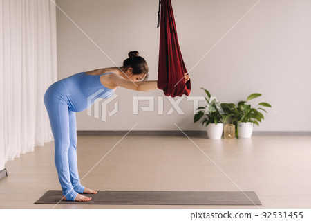 Pregnant girl. A woman does yoga on a hammock in the gym. The concept of a healthy lifestyle, Motherhood Pregnant girl. A woman does yoga on a hammock in the gym. The concept of a healthy lifestyle, Motherhood 92531455