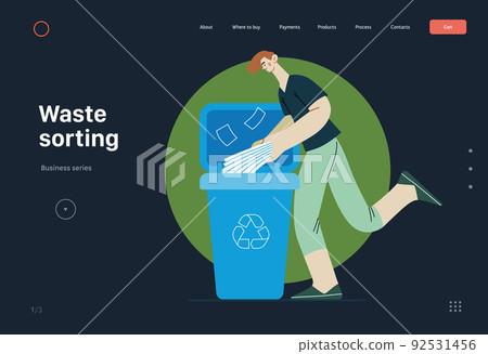 Ecology - Waste sorting -Modern flat vector concept illustration of a young man putting a paper journals into the garbage container for paper waste. Creative landing web page template 92531456