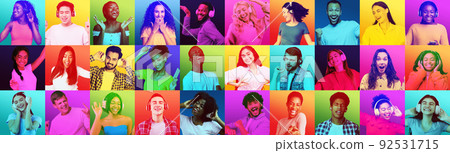 Facial expressions and emotions of people. Glad bright young different people in headphones dance, listen music 92531715