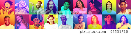 Fun alone and facial expressions. Cheerful bright young diverse men and women in headphones dance 92531716